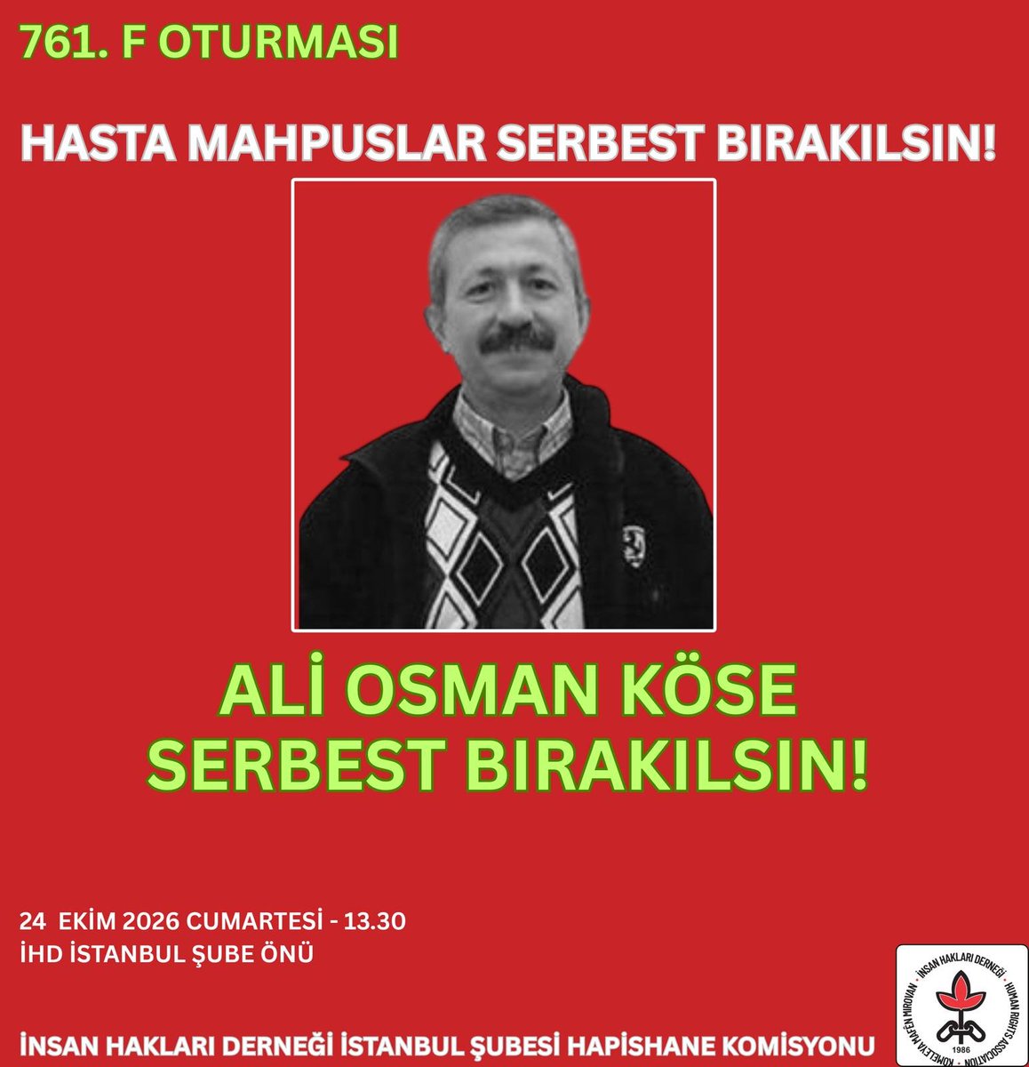 ihdisthapishane's tweet photo. 📣68 yaşındaki 41 yıllık mahpus Ali Osman Köse; Akciğer kanseri, böbrek kanseri, dolaşım sistemi hastalıkları, hipertansiyon, ileri derecede işitme kaybı, hafıza kaybı, konuşma güçlüğü, yürüme güçlüğü ve denge sorunları yaşamakta, rahatsızlıklarının ilerlemesi nedeni ile ayakta⬇️ https://t.co/cXMIxBV33L
