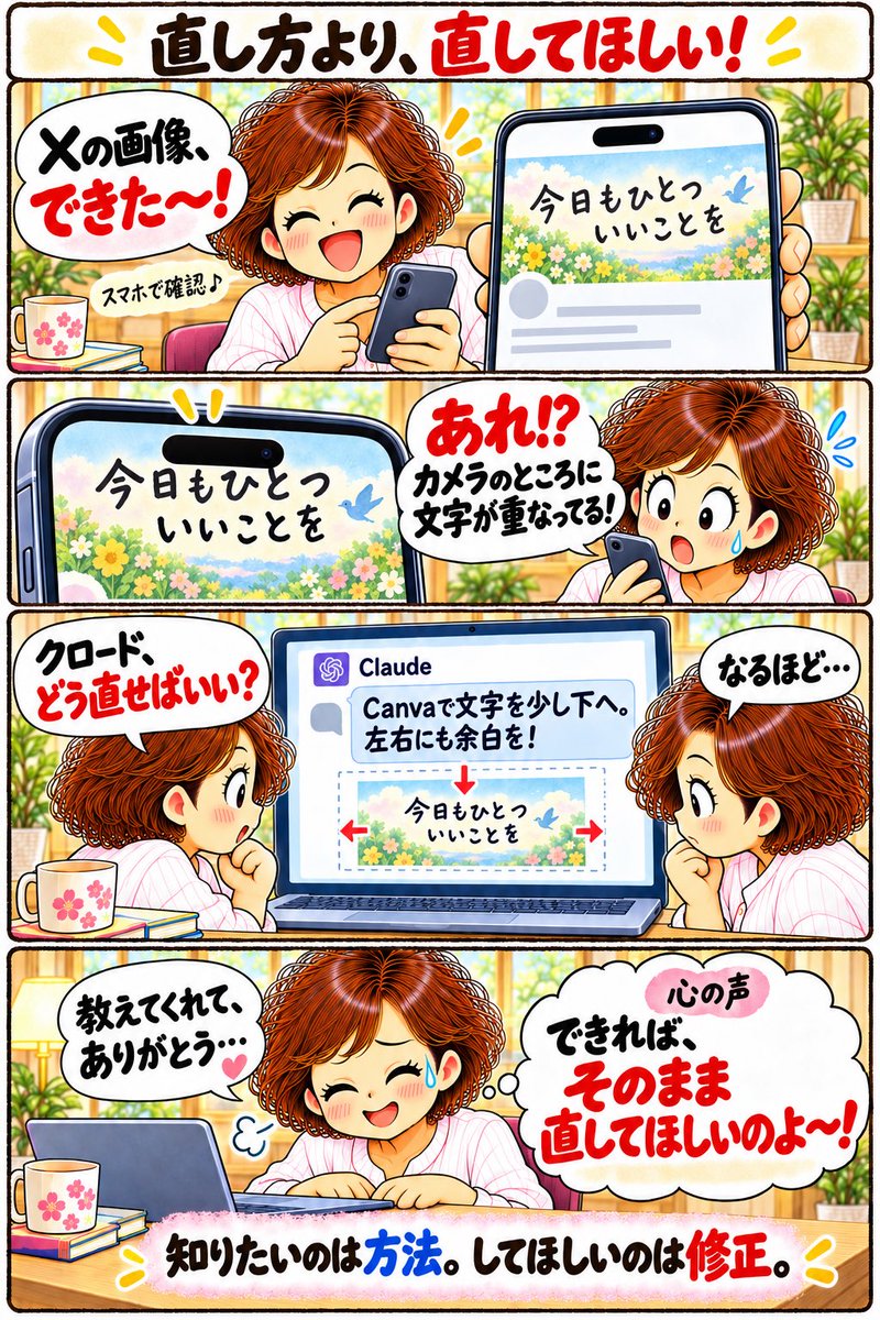 Kupayf's tweet photo. AIに画像の直し方を聞いたら、Canvaでの修正方法を丁寧に教えてくれた。
ありがとう。
でも、心の声は……
「そのまま直してほしいのよ〜！」😂
今日もAIと二人三脚。たまに歩幅が合いません🤭
#アラカン #学び直し #AI活用 #四コマ漫画 https://t.co/fuWLWpLO0k