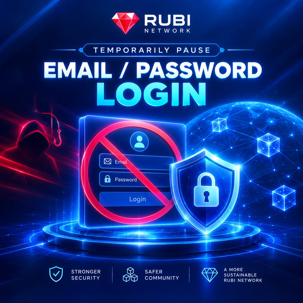 RubiKYC's tweet photo. RUBI NETWORK OFFICIAL ANNOUNCEMENT
🚨 Temporary Suspension of Account Login via Email & Password

Dear Miners, ANDY here! Today, we are sharing an crucial security decision to protect our global community.

📌 Key Announcement Details
  Action: Temporary suspension of Email & Password login method.
Effective Date: October 21, 2026 starting at 15:00.
Expected Duration: Active through the end of December 2026.
Primary Objective: Regain full account control for miners affected by phishing attacks.

 Why Is This Step Necessary?
Password Reuse Danger: Many users participating in various Make Money Online (MMO) or  asset projects reuse identical Emails, Usernames, and Passwords.
Credential Theft via Phishing: Fake websites created by bad actors collect login credentials from unsuspecting users. These stolen credentials are later tested across multiple platforms.
Scale of Risk: With over 5.2 million miner accounts in the Rubi Network, even a small 5% leakage rate puts 260,000 accounts at severe risk.
Data Insights: Internal log analyses confirm that 98% of unauthorized, high-frequency access attempts were performed using Email & Password.

 How We Are Solving This Together
Disabling Weak Vectors: Temporarily locking the /Password entrance cuts off the primary attack vector used by scammers.
Asset Safety: Your mined assets and data remain secure while we reinforce platform protections.
Next Steps: The Rubi Team is evaluating secure alternative authentication systems. Further guidance will be released via official channels.
Thank you for your patience, support, and dedication as we fortify the Rubi ecosystem.

— The Rubi Team