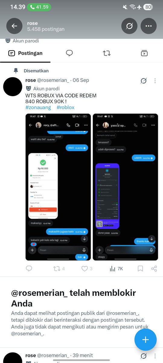 jxlwndjsj's tweet photo. HATI HATI YA GUYSSS, ADUHH BENCI BANGET?? 14 RIBU GUEEE WOY, dia scam jir pdhl lagi mau banget beli robux bitch bgt #scam #robux #zonauang https://t.co/N6kUfPu6qo