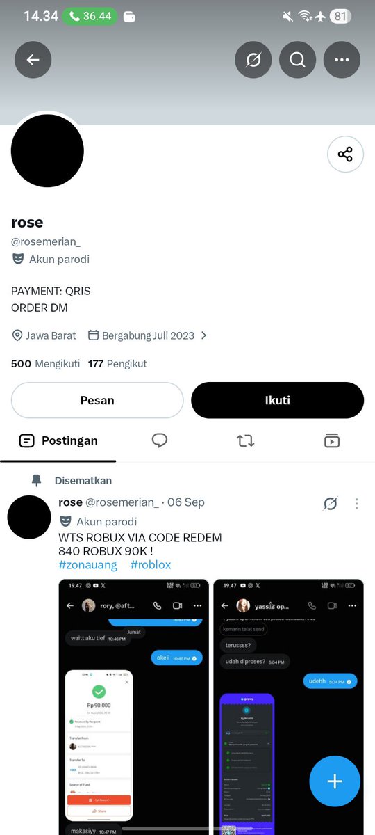 jxlwndjsj's tweet photo. HATI HATI YA GUYSSS, ADUHH BENCI BANGET?? 14 RIBU GUEEE WOY, dia scam jir pdhl lagi mau banget beli robux bitch bgt #scam #robux #zonauang https://t.co/N6kUfPu6qo