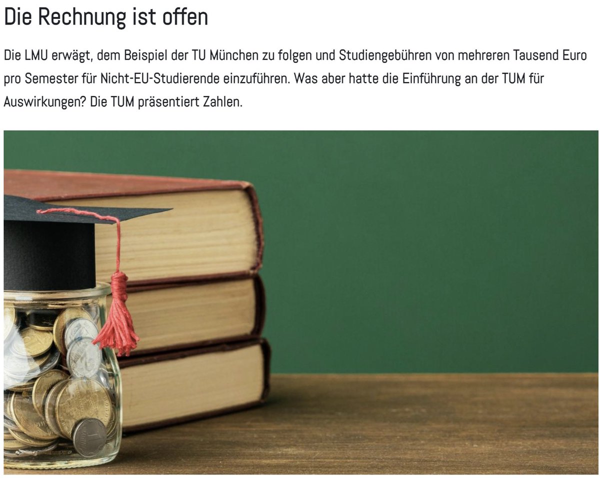 JMWiarda's tweet photo. Die Rechnung ist offen

Die LMU erwägt, dem Beispiel der TU München zu folgen und Studiengebühren für Nicht-EU-Studierende einzuführen. Was aber hatte die Einführung an der TUM für Auswirkungen? Die TUM präsentiert Zahlen.

Jetzt im Wiarda-Blog lesen: https://t.co/iXLpShJM3b https://t.co/Z7963kgUXZ