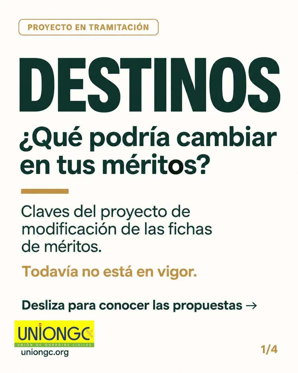 UnionGC's tweet photo. 📌 ¿Piensas pedir destino?

El proyecto de fichas de méritos plantea cambios en IPECGUCI, experiencia en Tráfico y titulaciones.

⚠️ Siguen en tramitación: todavía no se aplican.

👇 Te resumimos las propuestas en este carrusel.

#UniónGC #GuardiaCivil https://t.co/SX0veYatwh