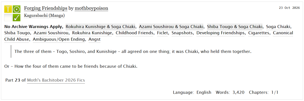 mothboypoison's tweet photo. 'Forging Friendships' for Bachitober day 23!
Gen | Chiaki &amp; Shiba &amp; Azami &amp; Kunishige
T | ~3.4K | No warnings
🔗 https://t.co/BcTf5l5Sw6 https://t.co/qUpCNKPdM6