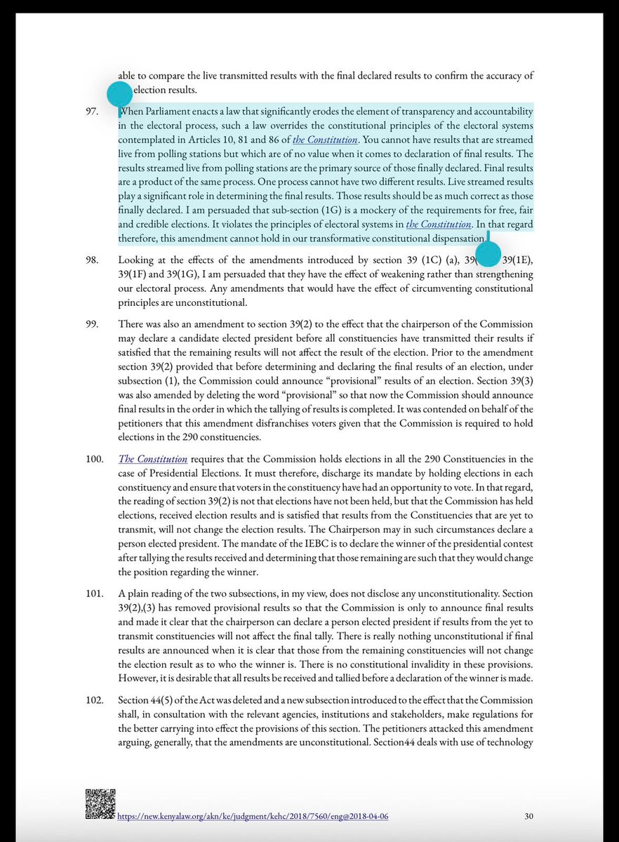 FaithOdhiambo8's tweet photo. Kenyans deserve to see how their votes become election results and not simply be told whom to trust. On 22 October 2026, the National Assembly passed the Elections (Amendment) (No. 2) Bill, 2024. Parliament must now publish the approved text and account for its implications for electoral transparency.

In the published Bill, Clause 22 replaces section 39 without expressly requiring livestreaming of results announced at polling stations, while retaining electronic transmission and online publication of results forms. That is not a ban on livestreaming. But sending results to election officials and allowing citizens to watch their announcement serve different purposes. Parliament must clarify whether this omission survived the amendments MPs approved.

The court history cannot be ignored. On 6 April 2018, in Katiba Institute v Attorney General, the High Court invalidated section 39(1G), which required livestreaming but confined streamed results to public information and excluded them as a basis for declaration. The Court rejected that restriction for undermining electoral transparency and accountability. It did not prohibit livestreaming. The Court of Appeal upheld the invalidation on 6 October 2023 in National Assembly v Katiba Institute. The legislative task is therefore to enact a constitutionally sound obligation and not present an already-invalidated provision as an effective safeguard.

Article 86 requires a transparent, verifiable and accountable electoral system, prompt polling-station announcements, and open, accurate collation. Ahead of 2027, Parliament should expressly secure public access to live results announcements, and the IEBC must explain how citizens will follow and scrutinise the process. Electoral reform should make every vote easier to verify, not leave transparency dependent on institutional discretion. The ballot is secret but the count must be open.