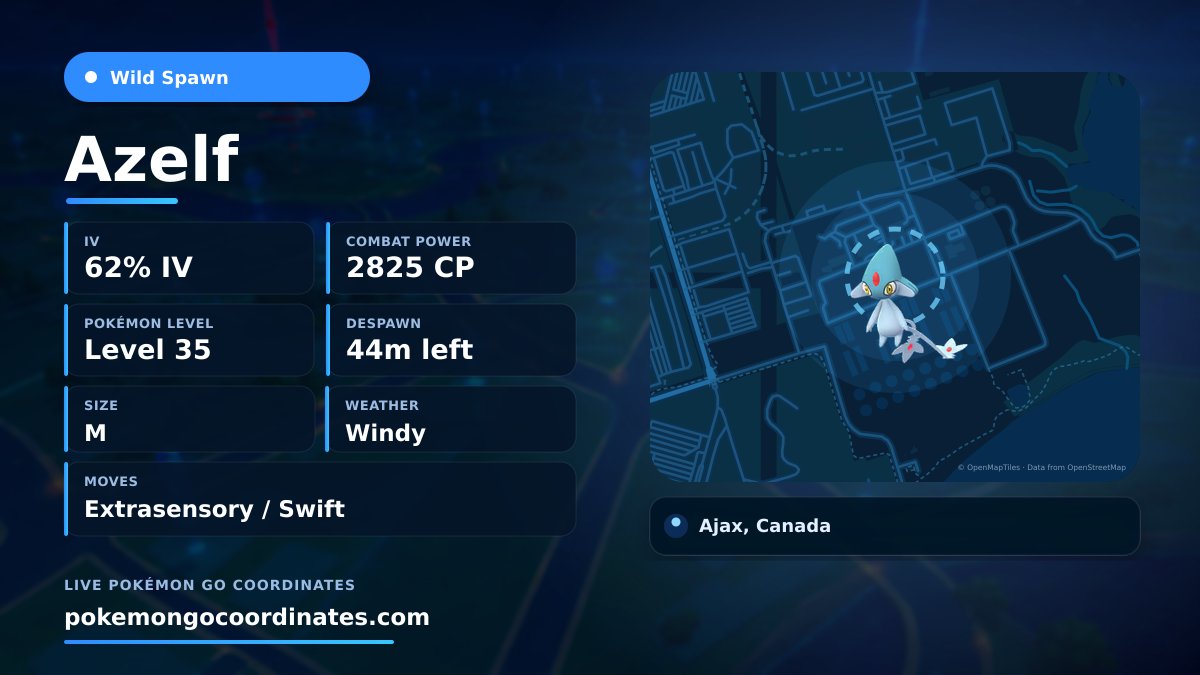 CoordsPokemonGo's tweet photo. Legendary #Azelf Wild Spawn
62% IV • 2825 WP • Level 35 • Size M
Moves: Extrasensory/Swift
Weather: Windy
🇨🇦 Ajax, Canada
Despawns in 43 minutes
43.818781,-79.052191

#LakeTrio • #MaxedSpawn https://t.co/q8iYahTvUv