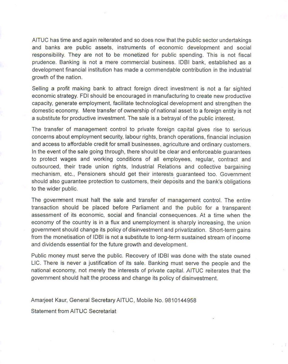 IdbiFor's tweet photo. Thank you,Com. @AmarjeetAITUC , General Secretary, AITUC, for extending your valuable support to our fight against the privatisation of IDBI Bank. Your solidarity strengthens our collective struggle to protect public banking, employees’ rights and social justice.

#DoNotSellIDBI #SaveIDBI #StopPrivatisation