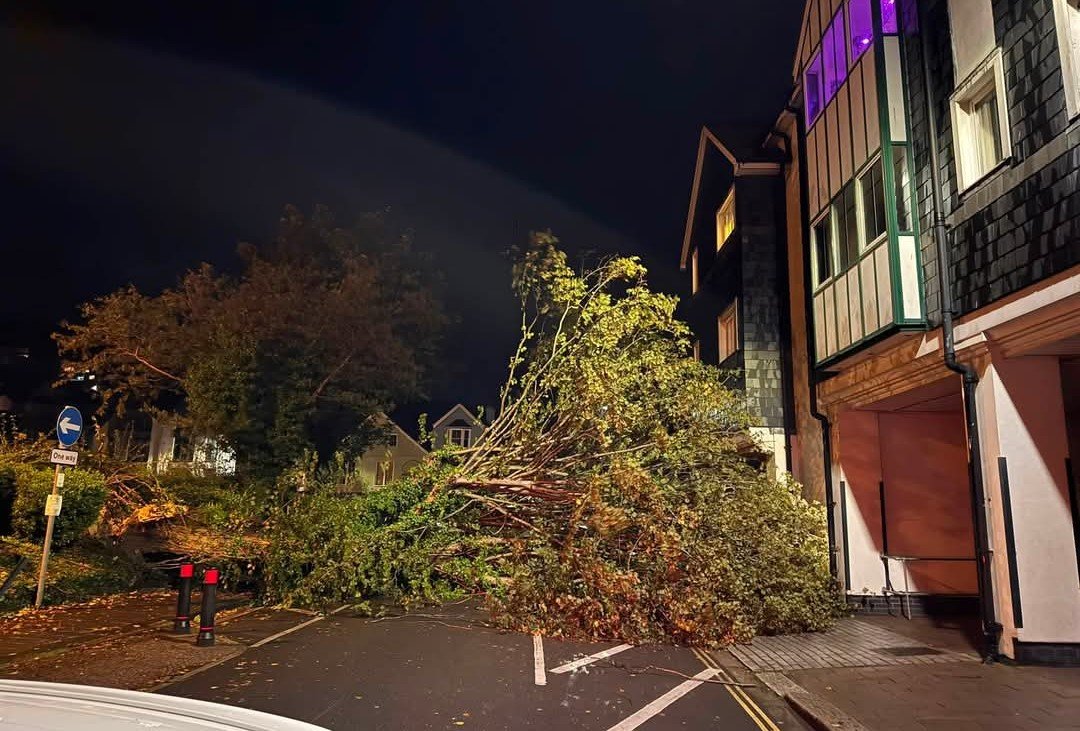 Official_WXUK's tweet photo. Lots of reports on local Facebook of trees down, roads blocked/closed, power lines down and minor structural damage, mainly roof tiles, across Cornwall this morning. Some schools have closed and bus, road, rail and air travel have all been impacted.

#StormAusten https://t.co/WqjqKh2V0Z