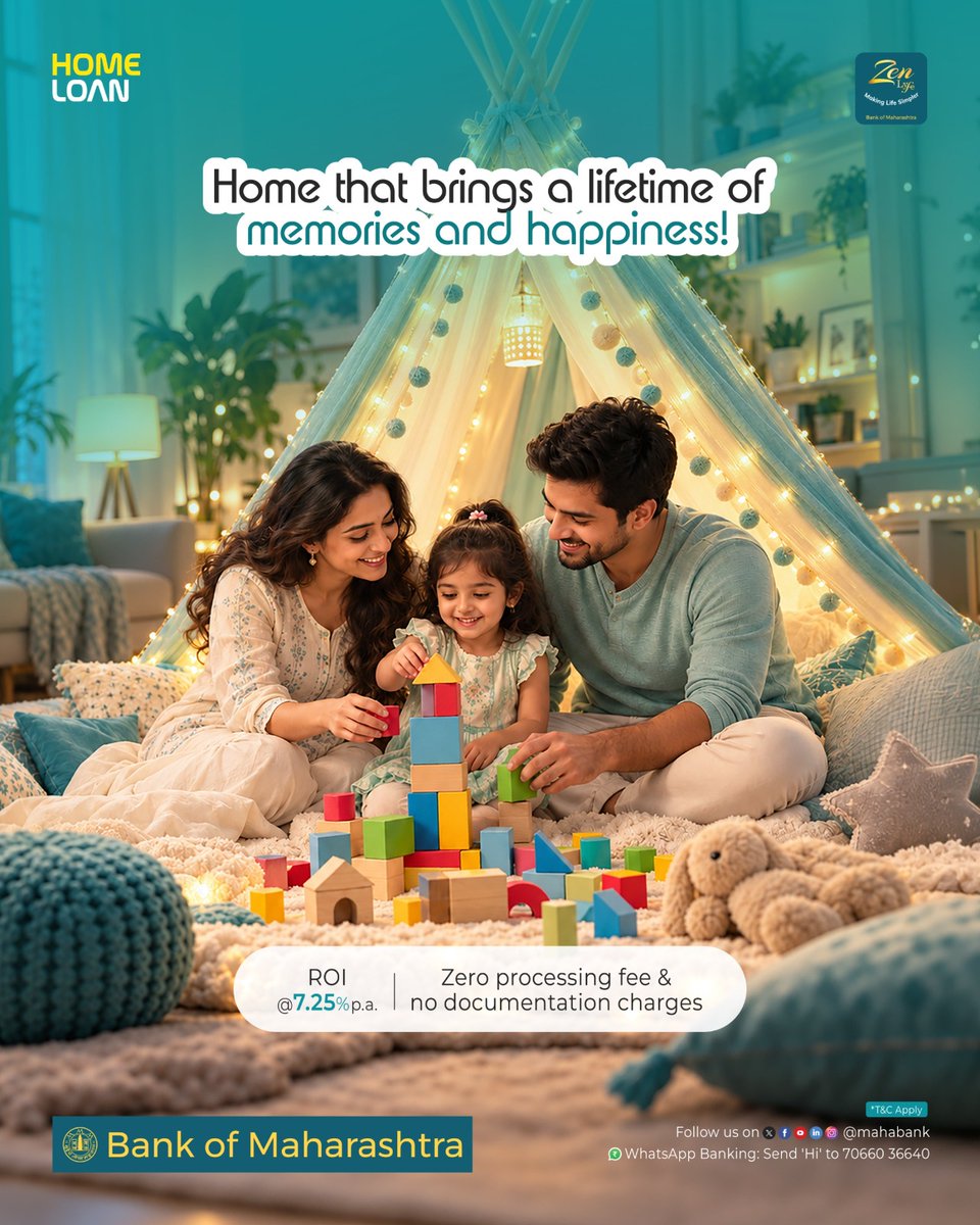 mahabank's tweet photo. A home filled with love, laughter & beautiful memories starts with the right support. Make it a reality with a Home Loan from Bank of Maharashtra at an attractive interest rate of 7.25% p.a., with zero processing fee & zero documentation charges. Apply today!
#HomeLoan #HappyHome https://t.co/NNmmk1A7Vz