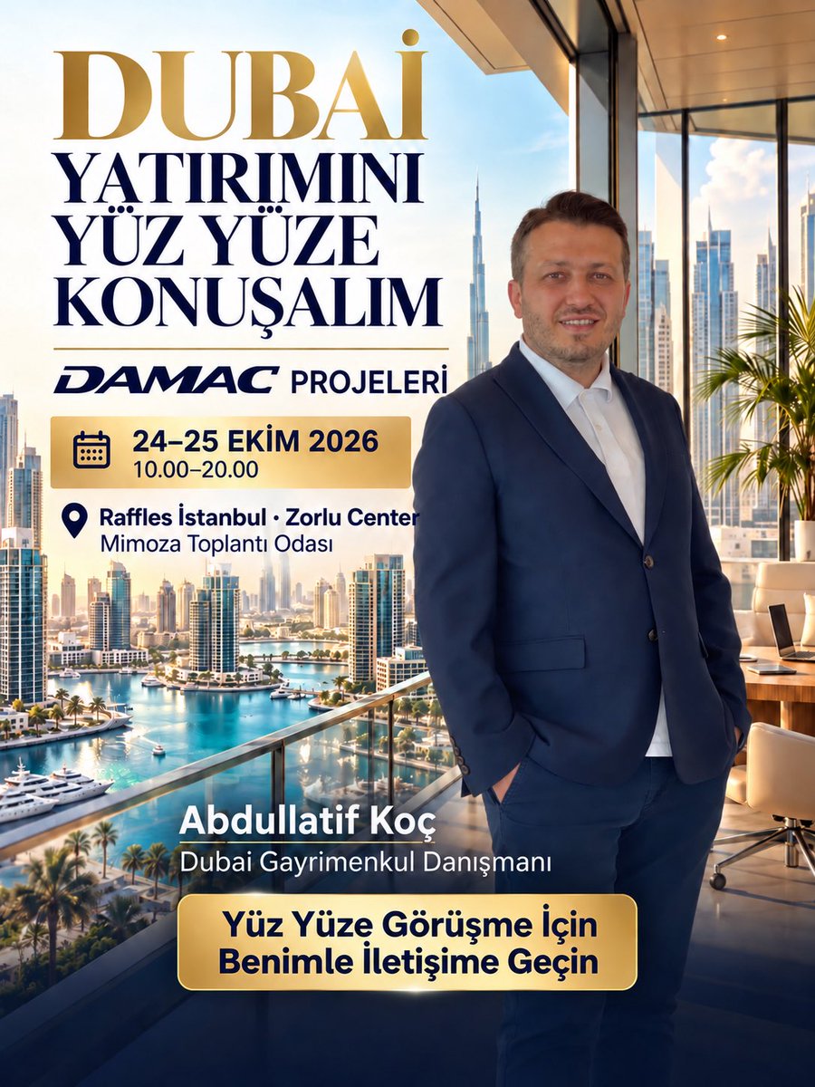 abdullatif_koc's tweet photo. Dubai yatırımını İstanbul’da yüz yüze konuşalım
24–25 Ekim | 10.00–20.00
Raffles İstanbul, Zorlu Center
Mimoza Toplantı Odası
DAMAC projelerini birlikte değerlendirelim. Görüşme için benimle iletişime geçin
#Dubai #DAMAC #DubaiRealEstate #YurtdışıGayrimenkul #DubaiGayrimenkul https://t.co/3nDjcmCalL