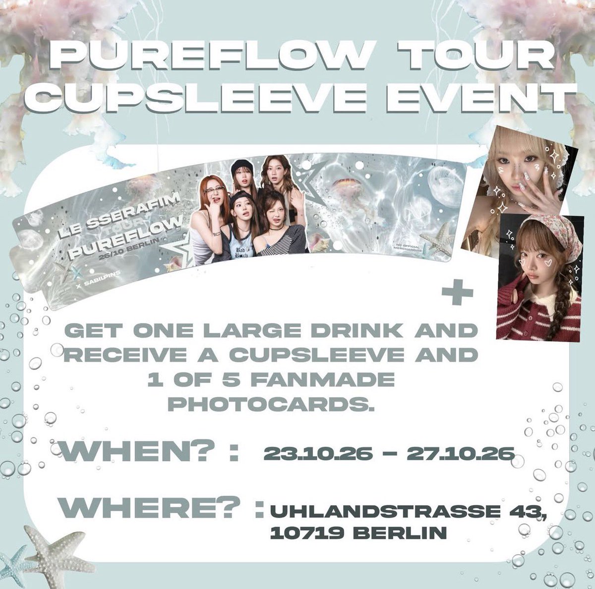 Sabii127's tweet photo. Starting today!! A cupsleeve event for the le sserafim concert in berlin!
#lesserafiminberlin #pureflowinberlin #lesserafimconcert https://t.co/7dpcZ5wmkK