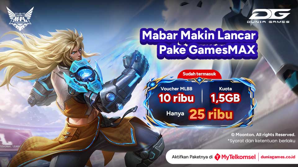 SIMPATI's tweet photo. Udah siap buat mabar nih! 😏

Aktifin GamesMAX dulu biar mabarnya makin lancar. Modal Rp25 ribu aja, dapatin:
🎁 Voucher MLBB 10 ribu
📶 Kuota 1,5GB

Push rank lanjut terus! Sikat langsung di MyTelkomsel atau Dunia Games.

*Syarat dan Ketentuan berlaku. https://t.co/oihPzpOThJ