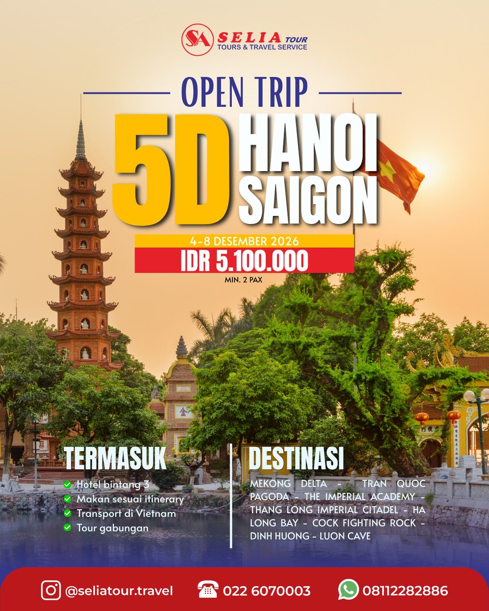 layzii_boy's tweet photo. OPEN TRIP VIETNAM, SAIGON TO HANOI! Jelajahi Vietnam dari selatan hingga utara: Saigon, Mekong Delta, Hanoi, hingga Ha Long Bay. Mulai dari Rp5. 050. 000/orang. Booking seat kamu sekarang! https://t.co/qx7MZXq5Uu
