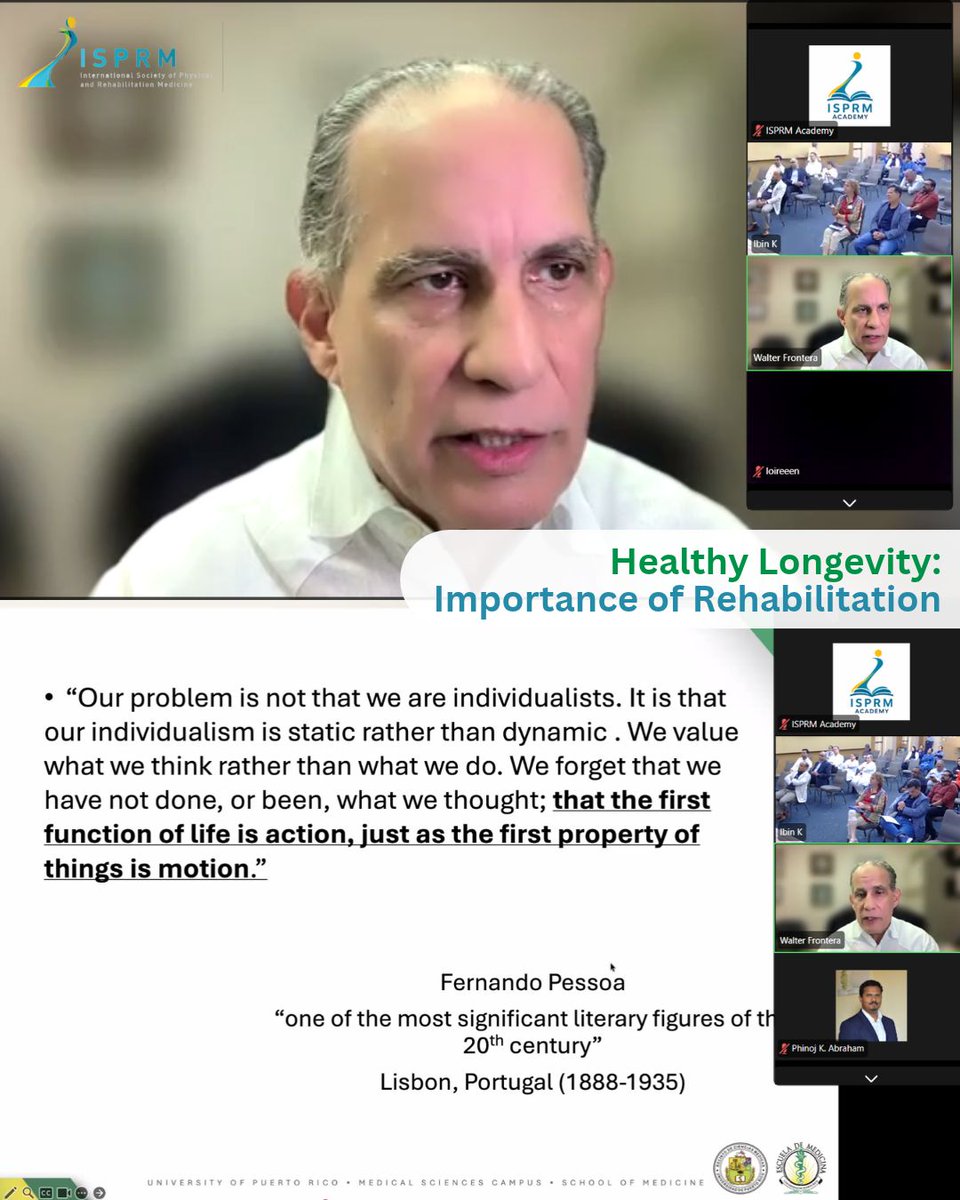 ISPRM's tweet photo. 150 participants from 57 countries joined the ISPRM Academy × AOSPRM webinar with Prof. Walter R. Frontera on sarcopenia and rehabilitation for healthy longevity, moderated by ISPRM President Prof. Fary Khan.
#ISPRMAcademy #HealthyLongevity https://t.co/hcvu2yZdA8