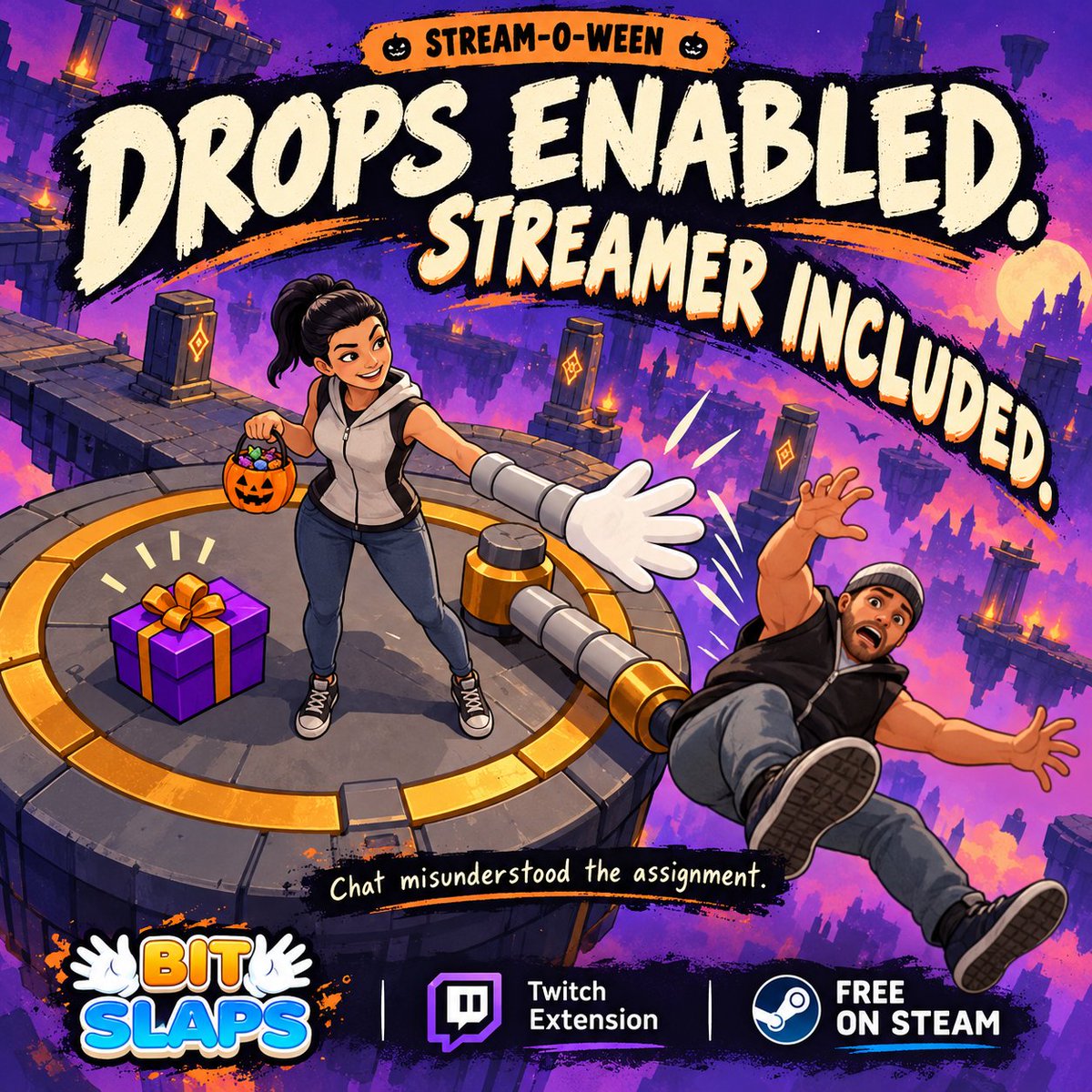 Bit_Slaps's tweet photo. Other streams: “Drops enabled.”
BitSlaps: drops the streamer.
Chat heard “trick or treat” and chose aggravated slapping.

Free on Steam + Twitch Extension.

#IndieDev #Steam #ShowcaseTStreamOWEENhursday  #GameDev #SoloDev #Twitch #gamedev #Gaming #steamfriday https://t.co/QB8t6fov61