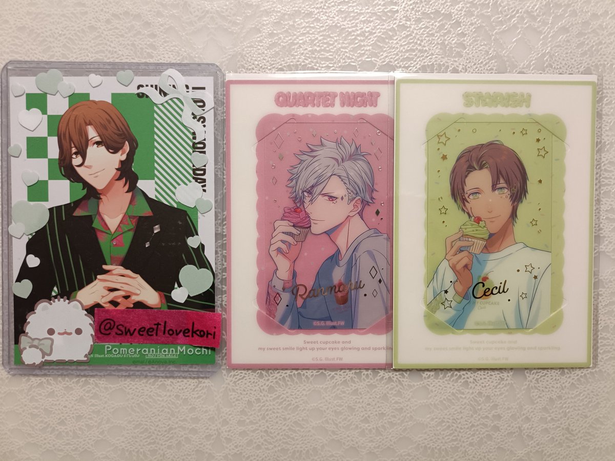 sweetlovekori's tweet photo. 【交換】うたプリ BGS  BE MY CUPCAKE Ver.  カスタマイズビジュアルカードコレクション ビジュカ

譲 )
SP : セシル /☆蘭丸

N : 音也×1/真斗×2/トキヤ×1/レン×2/
翔×2/セシル×2 /蘭丸×2/藍×2

求 ) 同種 嶺二 

✧︎ ☆は他と纏めてのみ
✧︎郵送交換
✧︎都内/横浜/東京/AGF手渡し https://t.co/gQ7FzDaAV9