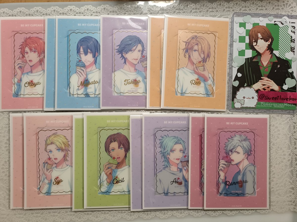 sweetlovekori's tweet photo. 【交換】うたプリ BGS  BE MY CUPCAKE Ver.  カスタマイズビジュアルカードコレクション ビジュカ

譲 )
SP : セシル /☆蘭丸

N : 音也×1/真斗×2/トキヤ×1/レン×2/
翔×2/セシル×2 /蘭丸×2/藍×2

求 ) 同種 嶺二 

✧︎ ☆は他と纏めてのみ
✧︎郵送交換
✧︎都内/横浜/東京/AGF手渡し https://t.co/gQ7FzDaAV9