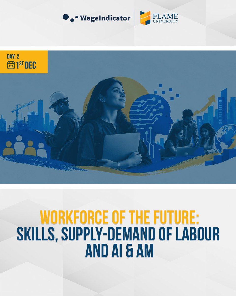 FLAMEUniversity's tweet photo. The future of work is being reshaped by technological advancements, demographic shifts and evolving labour-market needs.

FLAME University and WageIndicator Foundation are jointly organising the 2nd International Conference: Work, Wages and Workforce 2026, bringing together perspectives from research, policy and practice to explore the changing landscape of work and labour markets.

Across two days, the conference will focus on two interconnected themes:

30 November | Wages of the Future
Living wages, old-age income and social security.

1 December | Workforce of the Future

Skills, labour supply and demand, and artificial intelligence and algorithmic management.
The conference aims to advance evidence-based dialogue on the forces shaping wages, social security and the future of work.

To learn more about the conference, visit the following link: https://t.co/VYMTMy2sM8

@WageIndicator