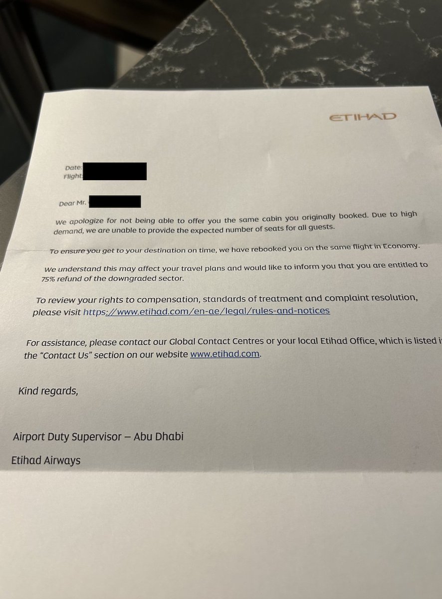 internpierre's tweet photo. Nice to know you can pay full price for a business class seat on @etihad, and when you show up at the airport they can simply “downgrade” you to economy because they sold more seats than they have (not  sure how that's my problem).

Done flying these guys. https://t.co/dzpz3cQej5