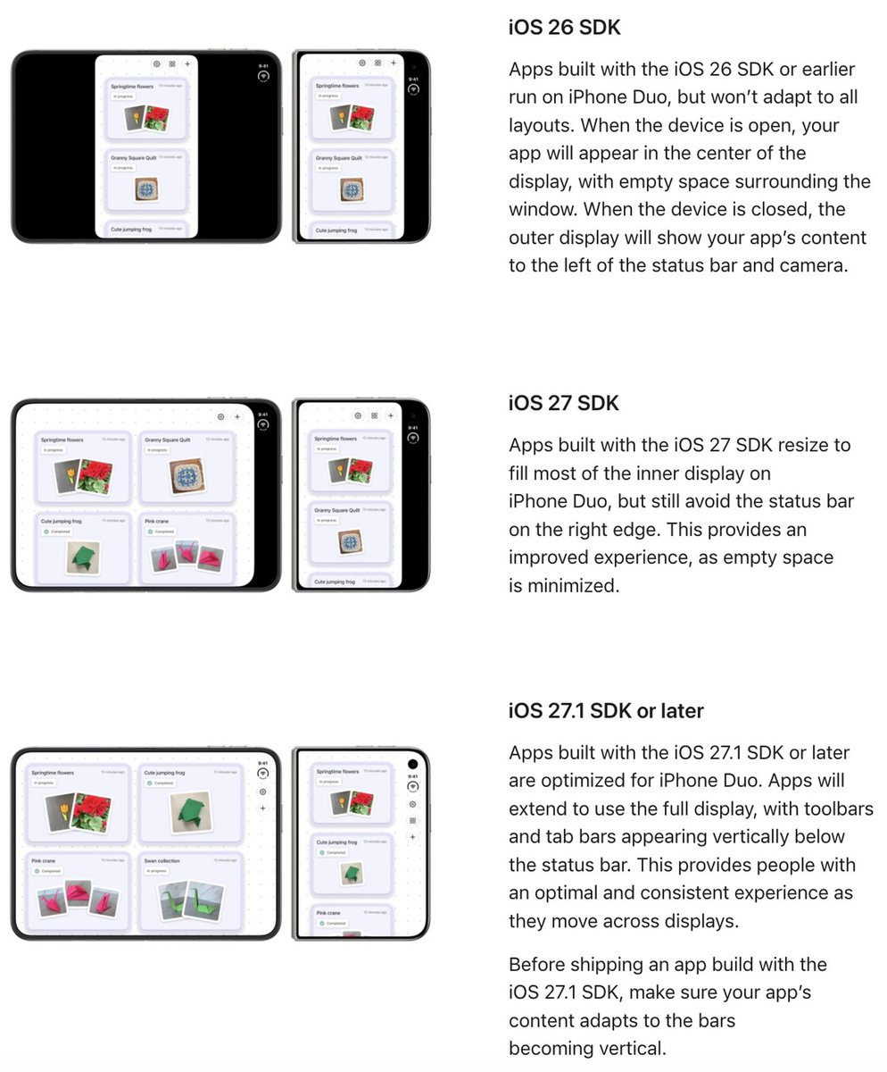 MennelDev's tweet photo. Le badge « Made for iPhone Duo » sur l'App Store, ça va etre un truc boosté mais il faudra être vif
Jvous explique vite fait :

- tu rebuild ton app avec Xcode 27.1 
- tu ajoutes des screenshots iPhone Duo dans App Store Connect
- et c'est ÇA qui déclenche le badge sur ta fiche

Pourquoi c'est super important : Apple lance aujourd'hui des collections éditoriales iPhone Duo sur le store, et les premiers acheteurs c'est des gros early adopters qui vont fouiller pour trouver des apps optimisées et ça va vous mettre en avant sur le store face aux concurrents

Et à partir d'avril 2027 les screenshots Duo deviennent obligatoires pour toute soumission
Donc autant le faire maintenant tant que ça vous démarque encore

C'est de l'ASO GRATUIT, faut juste bouger avant les autres
