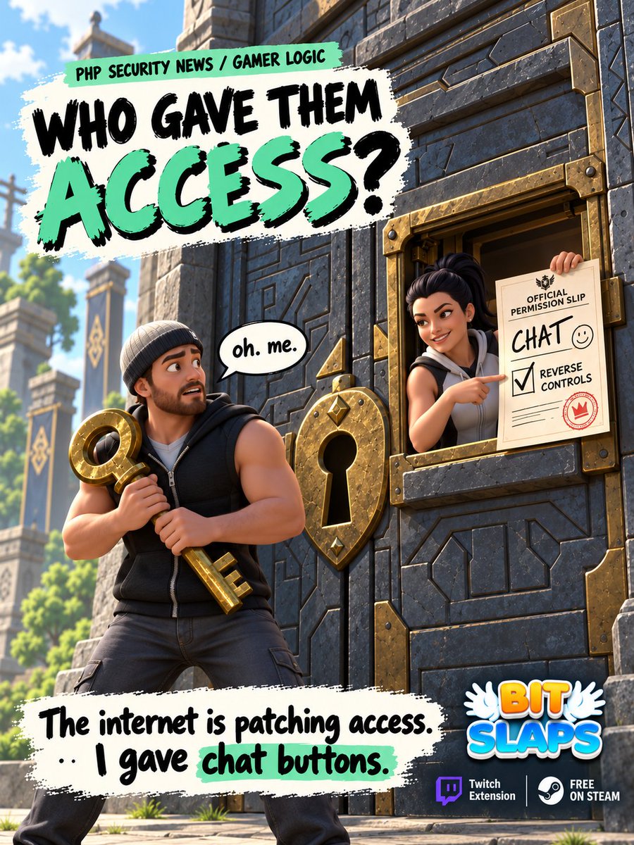 Bit_Slaps's tweet photo. PHP admins: “Who gave strangers access?”

Me, enabling the BitSlaps Twitch Extension: “I did. They seemed nice.”

Chat immediately reversed my controls.

Excellent judgement all round.

#PHP #IndieDev #Steam #GameDev #SoloDev #Twitch #gamedev #Gaming https://t.co/xPpLvxh9pl