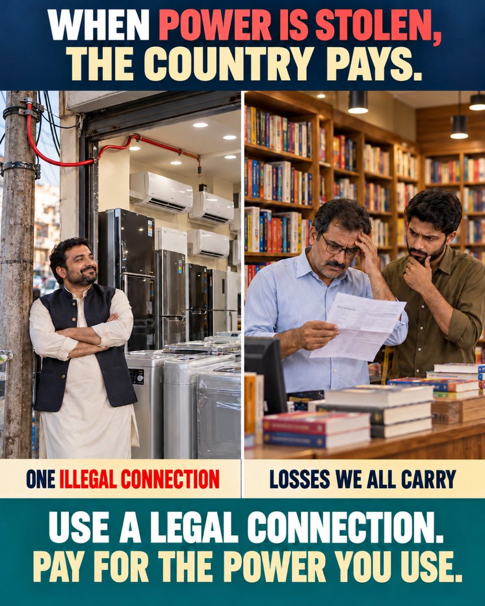 PlanComPakistan's tweet photo. When one person steals electricity,  it adds to power-sector losses, putting pressure on honest customers and reducing resources available to improve electricity services. 

Pakistan’s progress also depends on our everyday choices. Use a legal connection. Pay for the electricity you consume. Respect the resources that keep our homes, shops and industries running.

Honest citizens help build a stronger national economy.

#ZimadarShehri #StopPowerTheft #CivicResponsibility #StrongerEconomy