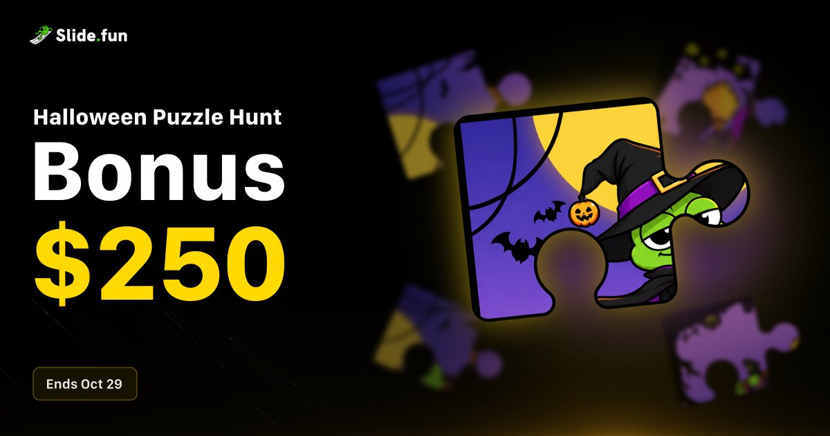 SlideFunBot's tweet photo. 🎃 HALLOWEEN PUZZLE HUNT BONUS

Want an extra reward on top of the $200 Reward Pool? 

The player who collects the most puzzle pieces will win an extra $50! 

Keep collecting and climb to the top before Oct 29.

Check your progress now on @SlideFunBot