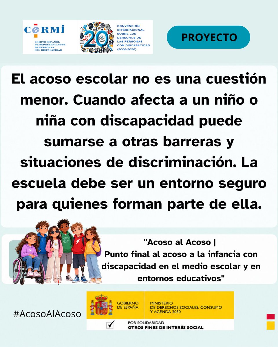 Cermi_Estatal's tweet photo. El acoso escolar no es una cuestión menor. Cuando afecta a un niño o niña con discapacidad puede sumarse a otras barreras y situaciones de discriminación. La escuela debe ser un entorno seguro para quienes forman parte de ella.
 #AcosoalAcoso #niñasyniñosconDiscapacidad https://t.co/Lr9qC5KXPx