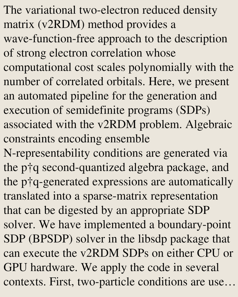 ChemPhyPapers's tweet photo. Automated generation and execution of large-scale semidefinite programs for variational two-electron reduced density matrix theory

A. Eugene DePrince, Nicholas C. Rubin
https://t.co/yZZDKCJBhH [𝚙𝚑𝚢𝚜𝚒𝚌𝚜.𝚌𝚑𝚎𝚖-𝚙𝚑] https://t.co/HbFYrV7wLY