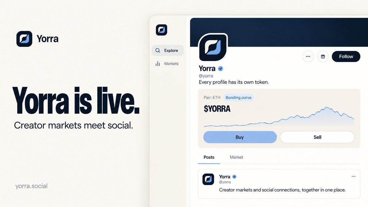 joinyorra's tweet photo. Getting started on $YORRA:

1. Visit https://t.co/GveKu0sqiZ.
2. Select “Explore first” to browse.
3. Connect your wallet to participate.
4. Open a creator profile and explore its market.
5. Buy or sell in ETH, confirming each transaction in your wallet.

Trading uses Robinhood Chain.