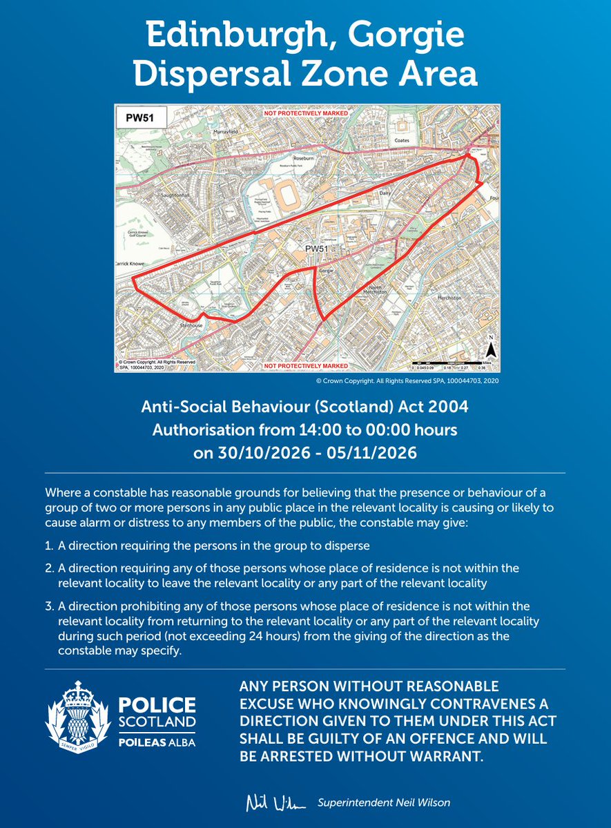 PSOSSWEdinburgh's tweet photo. 🚨 South West Dispersal Zones in place for #OpCrackle 🚨

From 30 October – 5 November 2026, dispersal zones will be enforceable to help prevent anti-social behaviour and keep our communities safe.
Additional officers will be on patrol and have powers to take action where needed. https://t.co/T0uRrAnUri