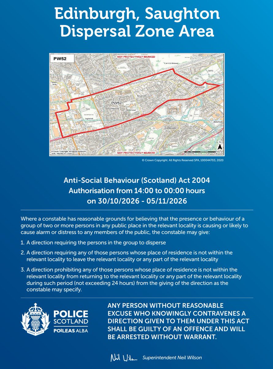 PSOSSWEdinburgh's tweet photo. 🚨 South West Dispersal Zones in place for #OpCrackle 🚨

From 30 October – 5 November 2026, dispersal zones will be enforceable to help prevent anti-social behaviour and keep our communities safe.
Additional officers will be on patrol and have powers to take action where needed. https://t.co/T0uRrAnUri