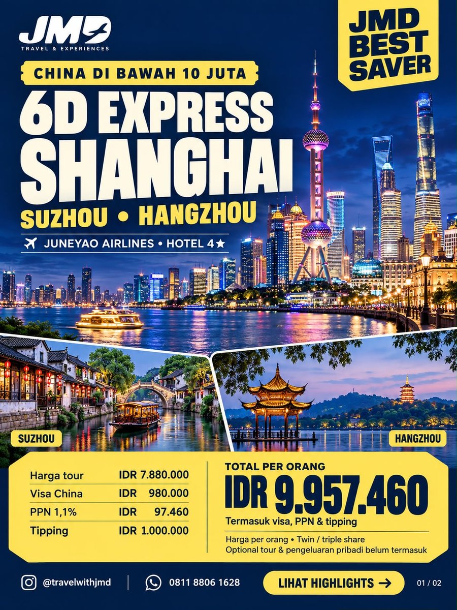 MyHomewhPage's tweet photo. Shanghai di bawah 10 juta? Bisa. JMD BEST SAVER: 6D Express Shanghai, Suzhou, Hangzhou. Termasuk tiket PP, hotel 4 bintang, bagasi 23 kg, visa China, PPN, tipping, dan tour leader Indonesia. Total Rp9. 957. 460/orang. Hari ke-5 free time di https://t.co/X1lmGxNyAW