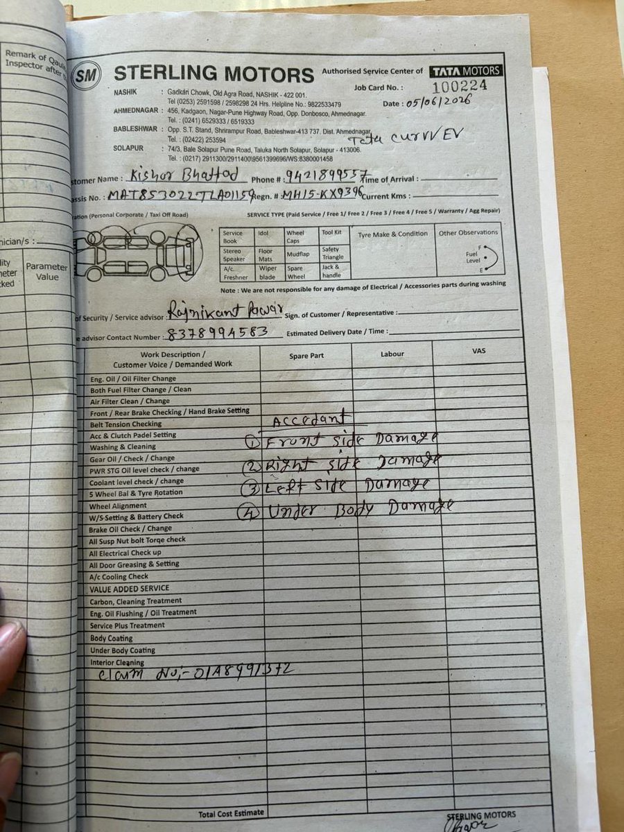 akshaybhattad's tweet photo. Extremely disappointed with the aftersales service @TataMotors  @TataAIGIndia despite months of follow ups

My Tata Curvv EV (MH15KX9396) met with a major accident on 02/05/2026 12 days after purchase from Sterling Motors Nashik

Req seniors of @TataMotors @TataAIGIndia https://t.co/dxJVzzeJdB