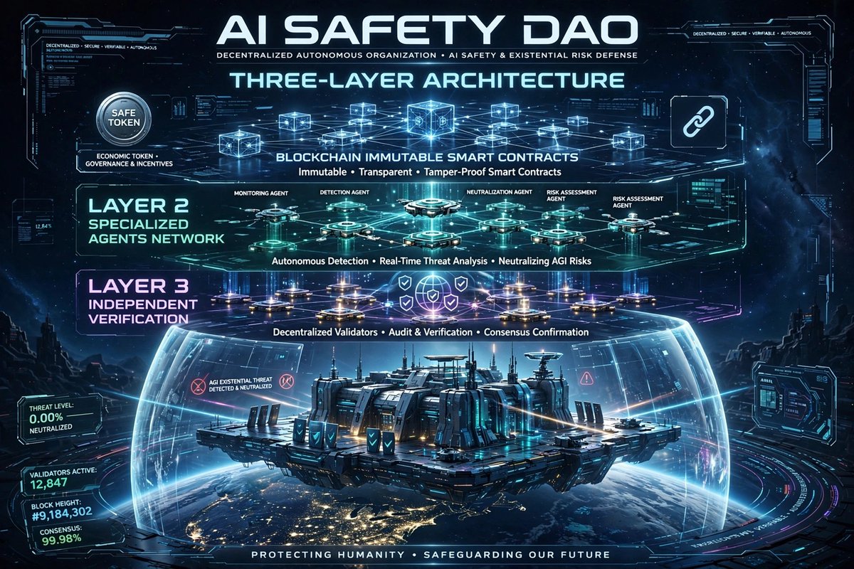 Nht38654969's tweet photo. 🚀 Introducing SAFENET DAO — AI Safety, Decentralized! 🛡️

We’re building a 3-layer fortress: Immutable Blockchain + Safety Token + Swarm of AI Guardian Agents.

Mission: Detect &amp; neutralize AGI existential threats before they happen.

https://t.co/qZAW9dkBzy #AISafety #DAO #AGI https://t.co/D8vYg5xBRh