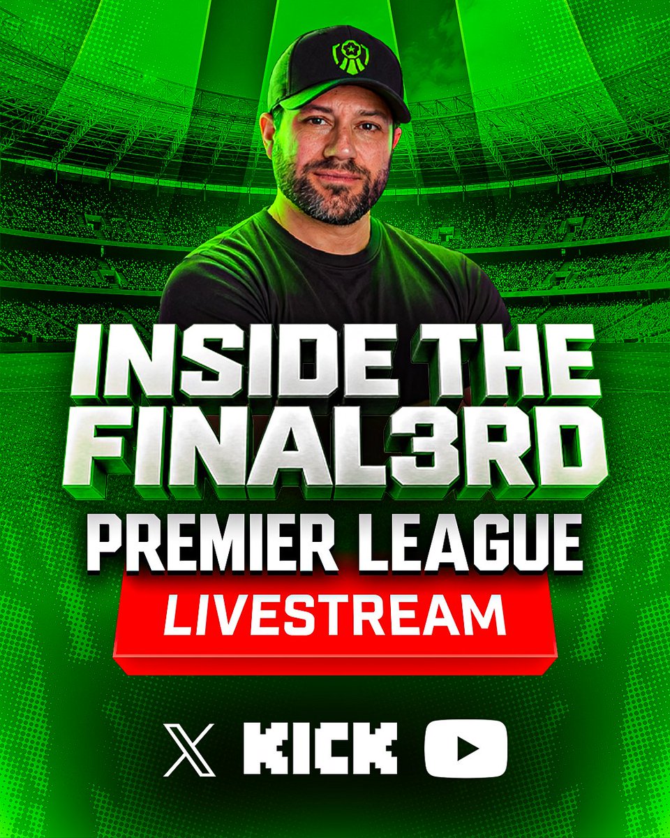 JoinFinal3rd's tweet photo. Inside the Final3rd goes live today for the weekend in Europe.

@BettingThePitch goes through every Premier League fixture and answers your questions on the European leagues.

Live on X, Kick and YouTube.

1:15pm ET / 12:15pm CT
6:15pm UK

18+ | Gamble responsibly
#PremierLeague #EPL