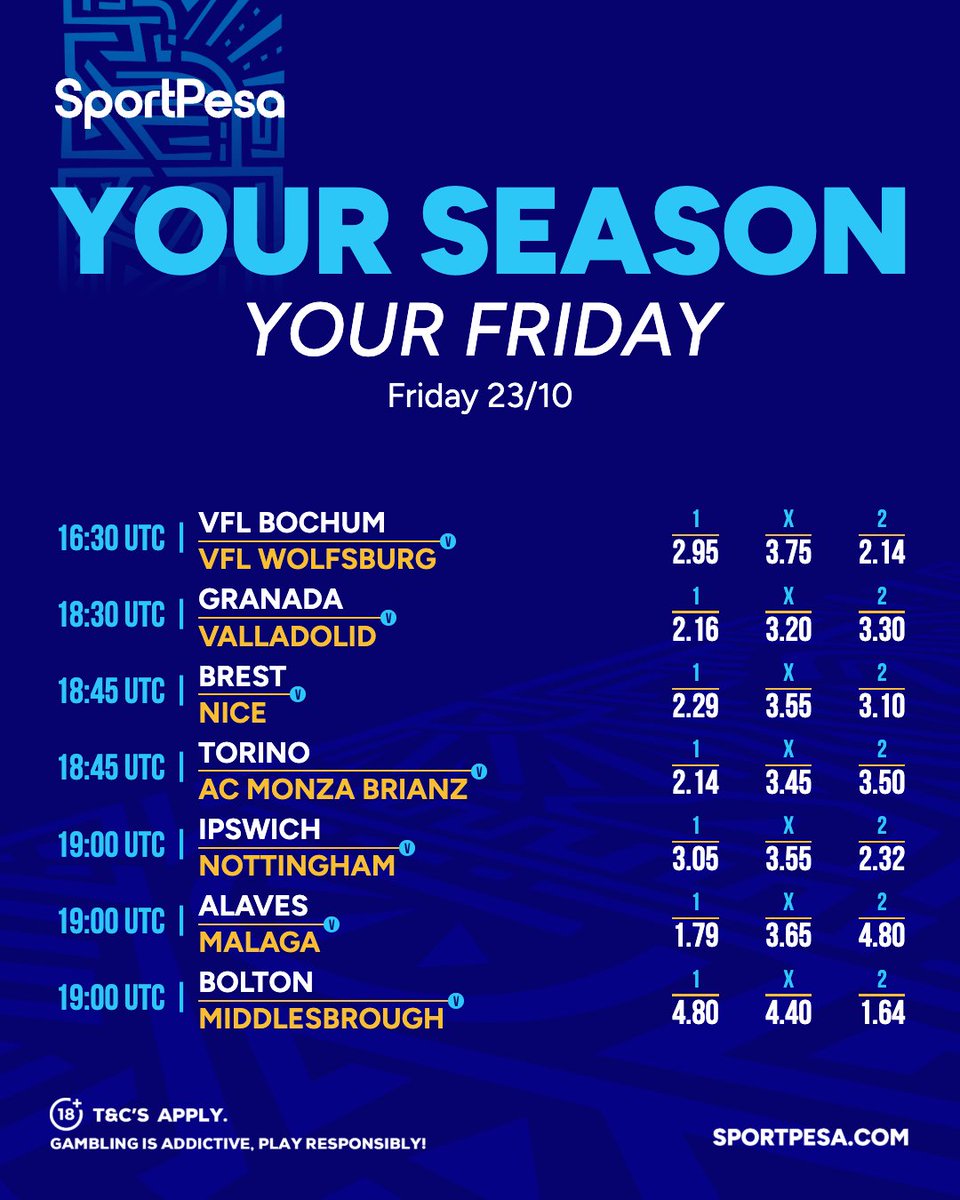 SportPesa_com's tweet photo. Friday football from Germany to England๐
Ipswich vs Forest, Brest vs Nice and more. Home, away or draw? Keep it classic with 1X2 ๐ https://t.co/n02jpyhyhZ
Register: https://t.co/165FtrV7q5
#SportPesa #MakeItCount https://t.co/jS0CFevnyN