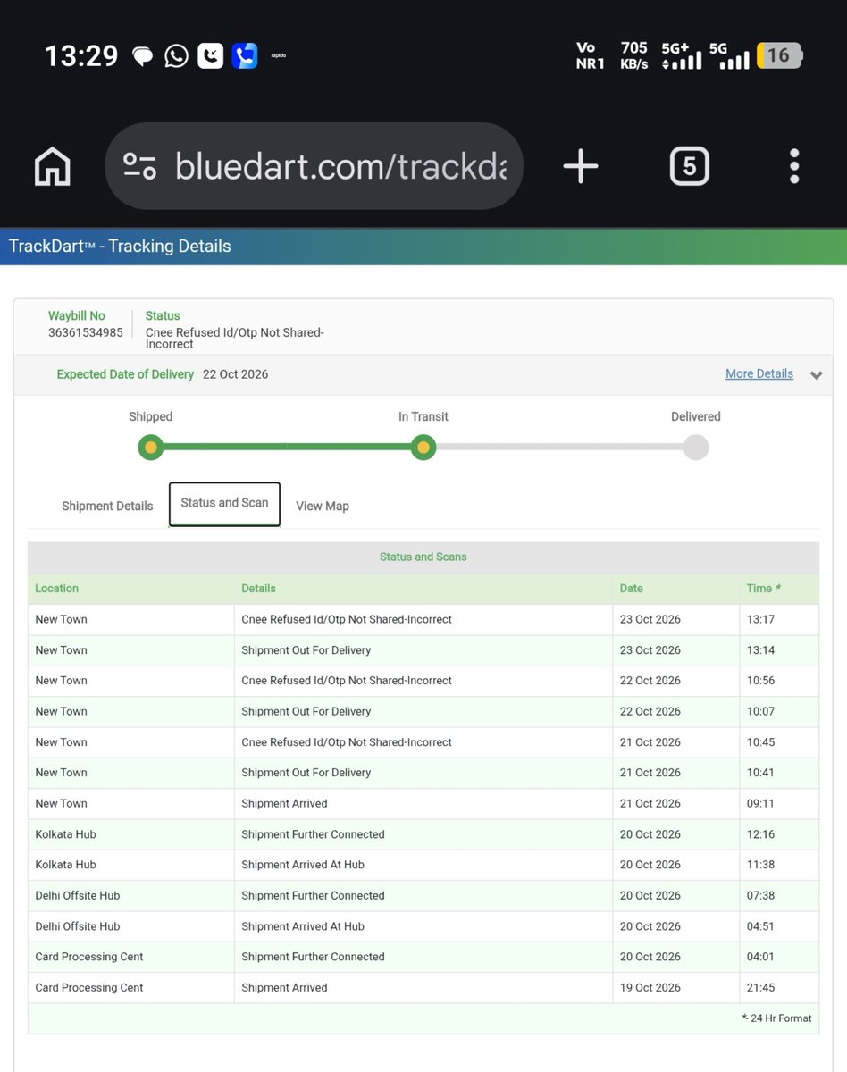 _Pran04's tweet photo. @BlueDartCares See third day same. Nobody cntacts directly cancels the delivery. https://t.co/pnBea2MYDY