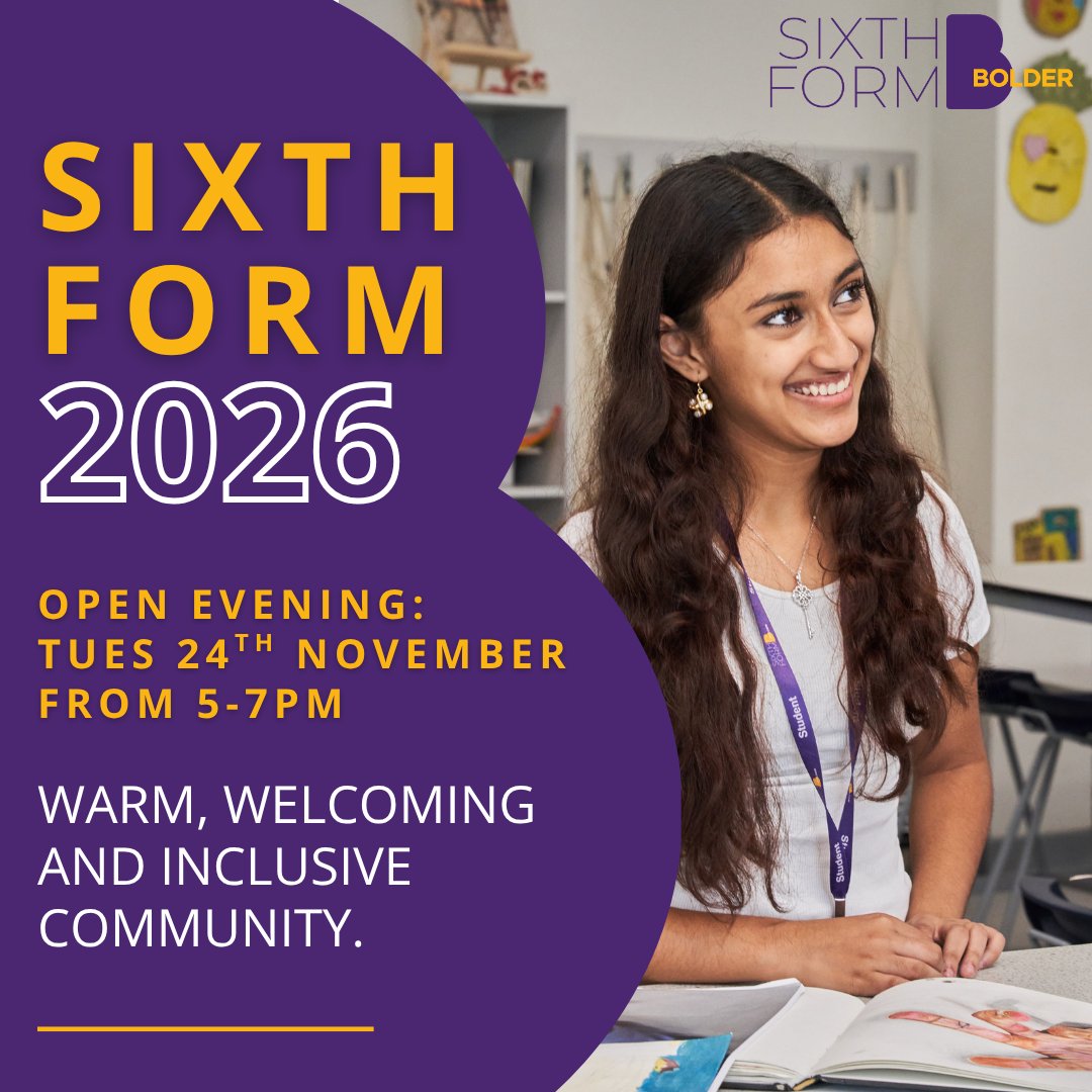 Join us on Tuesday 24th November from 5-7pm for our Sixth Form Open Evening at Bolder Academy. 

Explore an ambitious, innovative and supportive Sixth Form where every student is known, valued and encouraged to succeed. 

Book your place now at:&nbsp; bolderacademy.co.uk Image