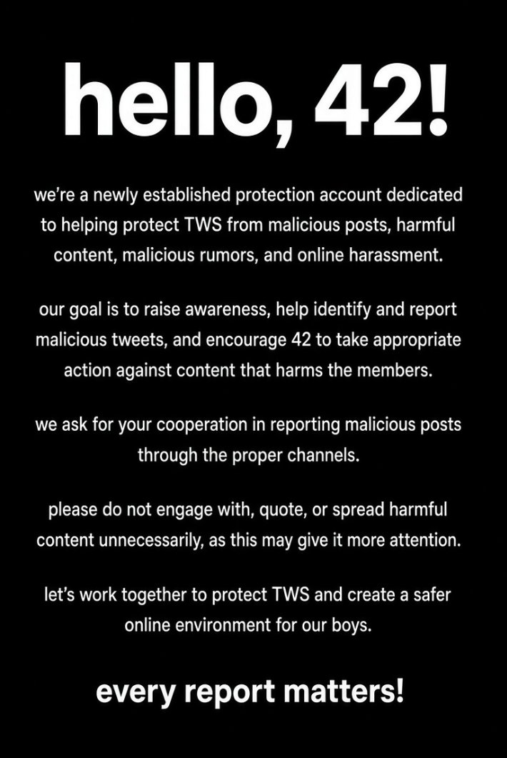 TWSPROTECT247's tweet photo. hello, SAIS! we’re a fan-led account dedicated to protecting TWS from malicious posts, hate, and mistreatment from the company. we aim to raise awareness, speak up for all six members, and work together with fellow SAIS to ensure they receive the respect and fair treatment 🫶🏻 https://t.co/fdqRxDieD8