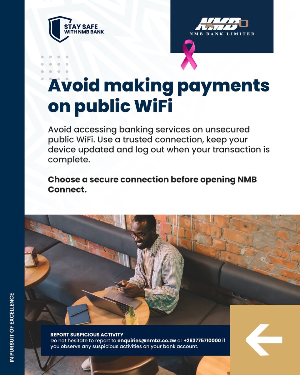 NMBBankZim's tweet photo. Public WiFi can expose you to cyber threats. Do not access sensitive information on open data sources. Always be cyber safe!
#cybersecurity #NMBBank #NMBConnect https://t.co/aCsdwlljQK