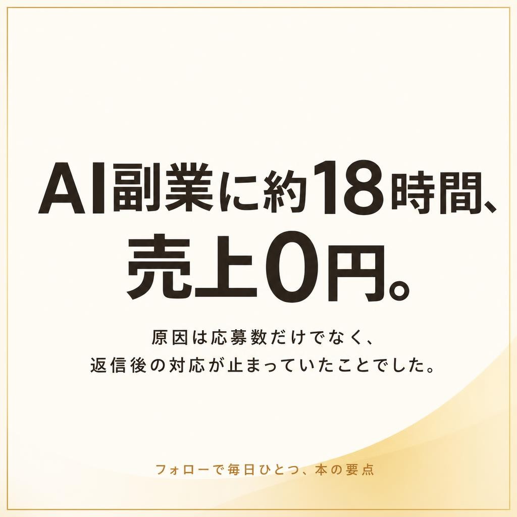 1229miyata's tweet photo. AI副業に約18時間、売上0円。原因は応募数だけでなく、返信後の対応が止まっていたことでした。12件応募・返信2件・受注0件。準備に偏った記録から次の一週間の行動を決める視点、これは刺さった。試した手順と結果、今日できる1つの作業をnoteにまとめまし…

▼記事はこちら
https://t.co/ZtS39nTQxj https://t.co/yD5Ub77177