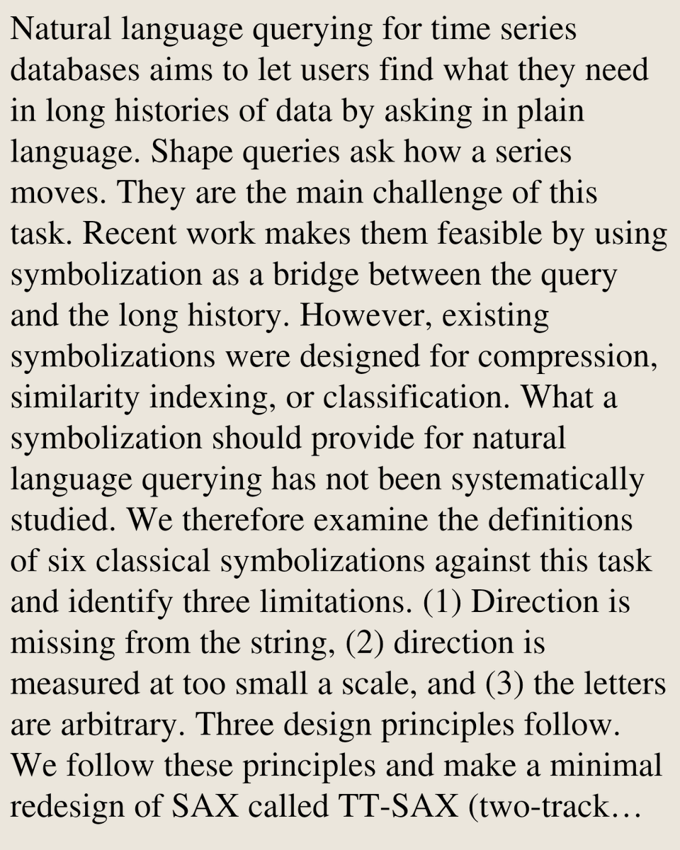 UFCS's tweet photo. TT-SAX: A Two-Track Time Series Symbolization for Natural Language Shape Querying

Zhao Tan, Xianglong Bao, Zhipeng Xi, Ming Jin
https://t.co/lUv3dd618o [𝚌𝚜.𝙳𝙱 𝚌𝚜.𝙲𝙻]
💬Accepted at the Australasian Database Conference (ADC 2026) https://t.co/sRutKEDqx2