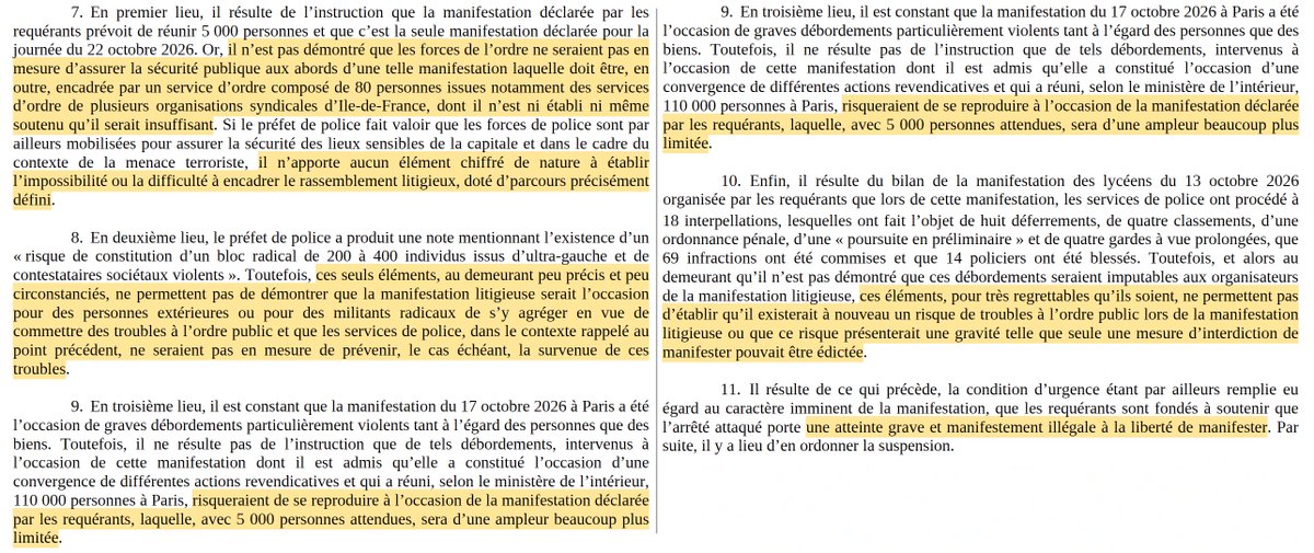 N_Hervieu's tweet photo. Liberté de manifester : En référé, l'interdiction  d'une manifestation étudiante à Paris a été suspendue hier.

Par un contrôle classique mais éclairant : L'interdiction doit être strictement justifiée &amp; proportionnée. Ce qu'elle n'était pas.

[TA Paris, 22 oct. 26, n° 2632494] https://t.co/a3bHpxrYRr