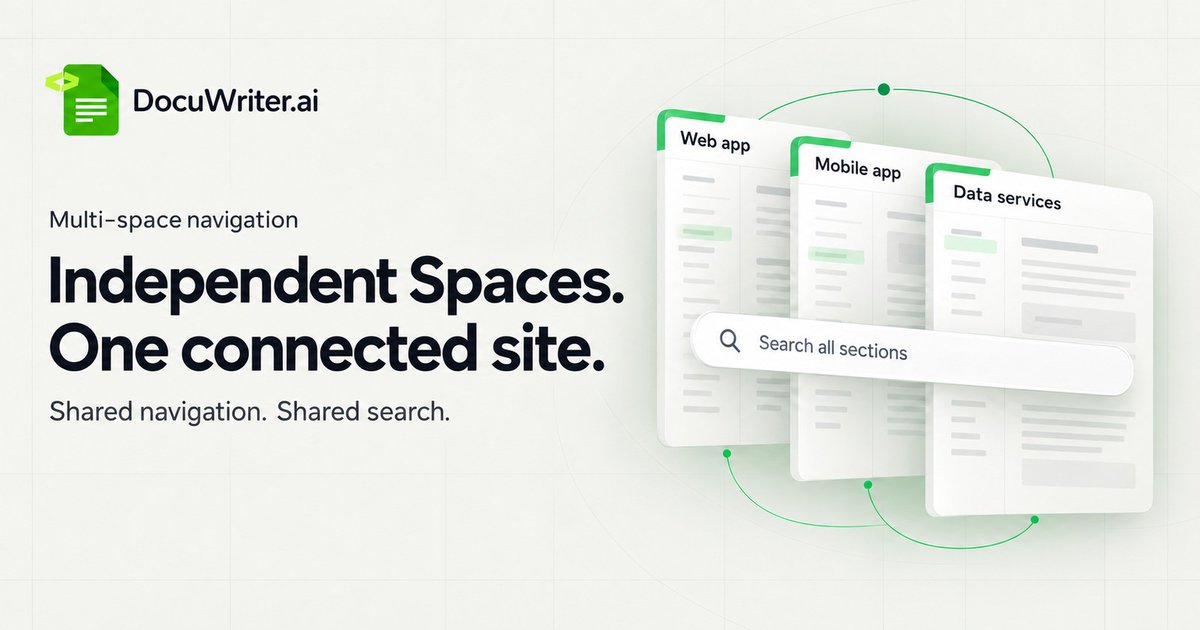 docuwriterai's tweet photo. Your projects. Your products. Your way of organizing docs.

Connect independent Spaces with shared navigation and search. Each keeps its permissions.

https://t.co/Qu0NTVDcLu https://t.co/jZVrNnAaob