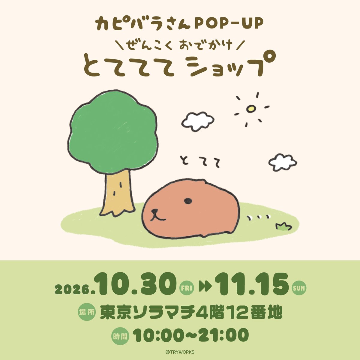 marimocraft_eve's tweet photo. ＼ イベント情報 第1弾📢／
 🌳～カピバラさん POP-UP ぜんこくおでかけ とてててショップ～🌳
📅26/10/30（金）~11/15（日）
 📍#東京ソラマチ 4F 12番地 特設会場 

イベント会場でしか手に入らない限定グッズのほか、税込3,300円以上・6,600円以上のお買い上げで素敵な特典をプレゼント🎁
※数に限りがございますので予めご了承くださいませ。 
 先行商品や通常用品も多数ご用意しておりますので、この機会をお見逃しなく✨

  #とてててショップ