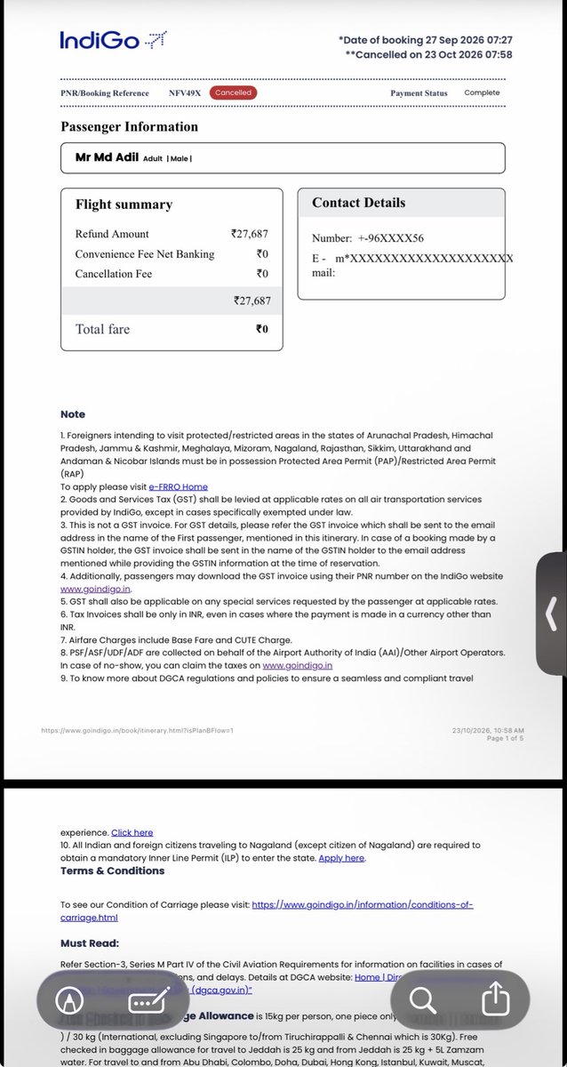AAaizk07's tweet photo. @IndiGo6E My Flight is cancel form Airline then why my full Refund is not come I well book my tickets it’s 1795.48 Riyal I want my All Refund https://t.co/Q7pMZckhZr