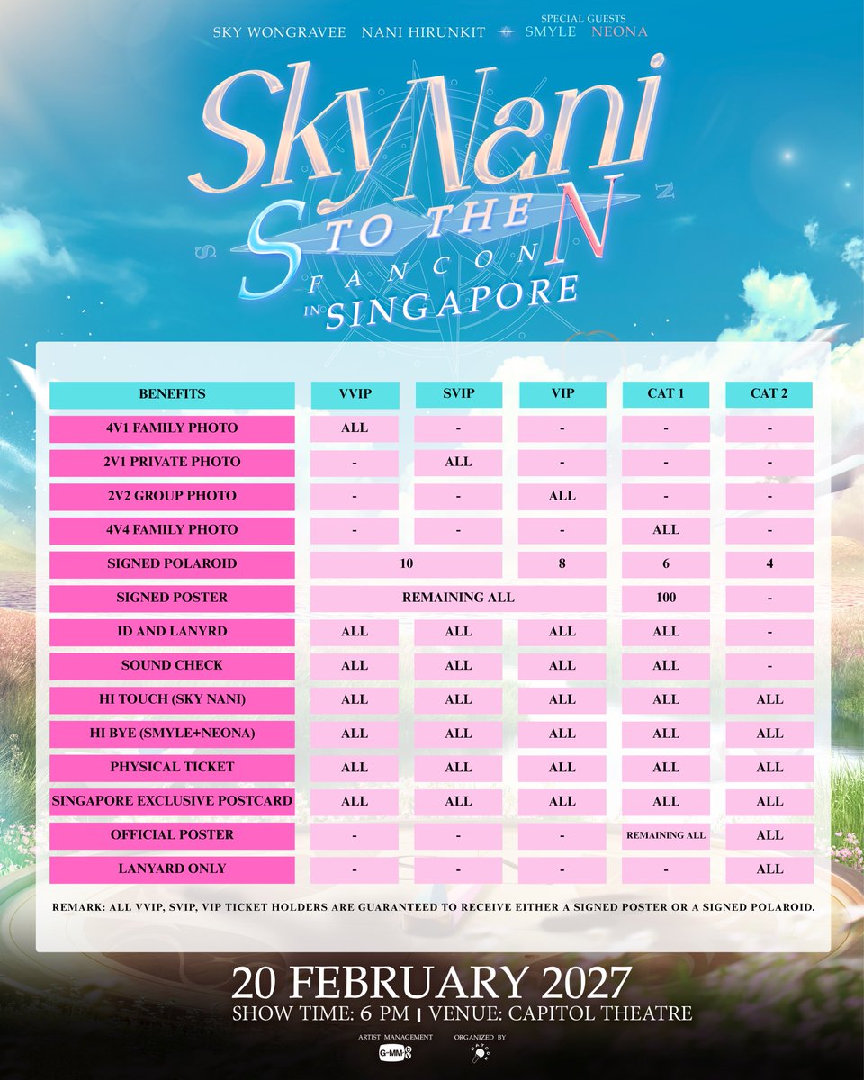 DAYCON_ENT's tweet photo. SKY NANI S TO THE N FANCON IN SINGAPORE 🇸🇬

Singapore ❤️🥹 Sky and Nani are coming to see you again, and this time, Smyle and Neona are coming along too! That means you’ll get to spend a special day with all four of them together! 🫶🏻

Are you ready to meet all four of them and spend a special day together? We can’t wait to see all and feel all the love you have for Sky, Nani, Smyle, and Neona!

⭐ EVENT DETAILS: 📅 Event Date: 20 February 2027 (Saturday) 🕕 Time: 6:00 PM 📍 Venue: Capitol Theatre, Singapore
🎟️ TICKET SALE DETAILS: 📅 Date: 6 November 2026 (Friday) 🕒 Time: 12:00 PM (SGT) 🔗 https://t.co/N9XnvZdc8y  Singapore, are you ready? Save the date and come show Sky, Nani, Smyle, and Neona lots of love! ❤️   Sky, Nani, Smyle, and Neona are waiting to see you all. Don’t make them miss you too much, okay? 🫶🏻  #SkyNaniStotheNfanconSG #SkyNani #Smyle #Neona #GMMTV #Daycon

@skywongraveee @Hirunkit_  @smyle_GMMTV @neona_GMMTV