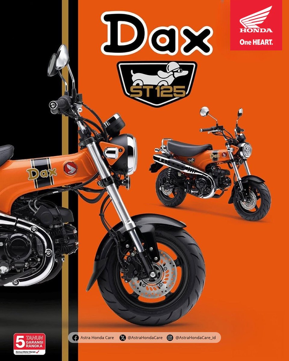 AstraHondaCare's tweet photo. Honda Dax ST125, si mungil yang punya gaya ikonik! 🧡

Tampil beda dengan desain retro yang unik, warna oranye yang mencuri perhatian, dan karakter klasik yang bikin jatuh hati. Ukurannya boleh mungil, tapi pesonanya nggak main-main! 😎

Kalau soal gaya, Honda Dax ST125 punya ciri khasnya sendiri. Siapa nih yang langsung jatuh cinta sama motor satu ini? 

#AstraHondaCare #Cari_Aman #SalamSatuHati