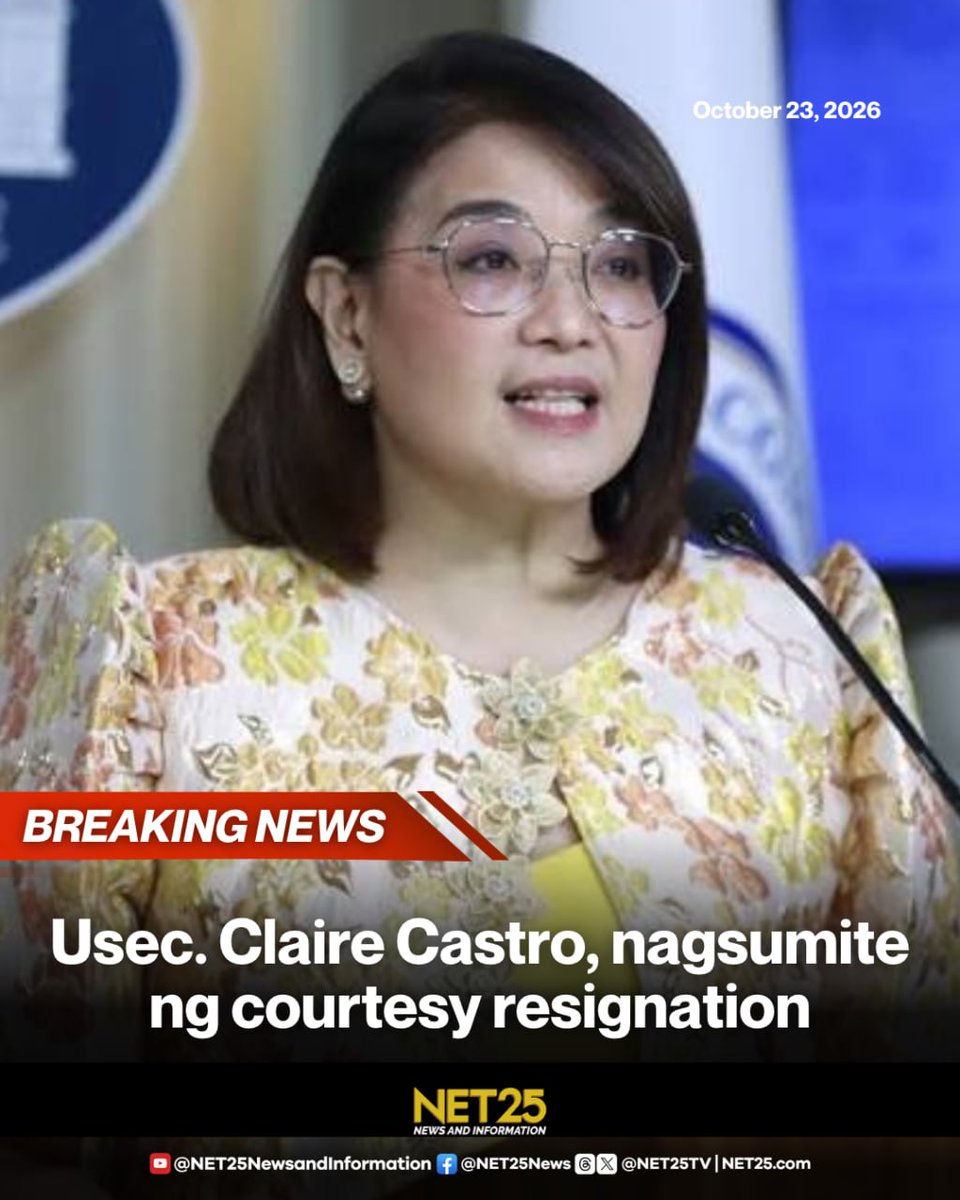 NET25TV's tweet photo. BREAKING NEWS: Nagsumite ng courtesy resignation si Palace Press Officer Claire Castro kasama ang iba pang opisyal ng Presidential Communications Office (PCO) kasunod ng pagbabago sa pamunuan ng ahensya.

Gayunman, kinumpirma ni PCO Secretary Lino Cayetano na mananatili si Castro sa kanyang puwesto at inilarawan pa siya na isa umanong “treasure.”

#NET25NewsandInformation
#ClaireCastro #PCO #PhilippineGovernment